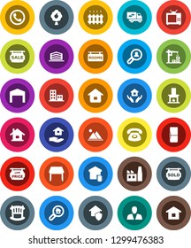 White Solid Icon Set- house hold vector, fruit tree, mountain, barn, sale signboard, rooms, sold, low price, apartments, office building, search estate, client, consumer, crib, table, fireplace, tv