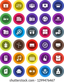 White Solid Icon Set- house hold vector, music, archive, constellation, investment, hierarchy, cereals, heart monitor, Railway carriage, phone, truck trailer, port, dry cargo, settings, vial, server