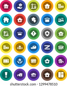 White Solid Icon Set- house hold vector, school building, measuring, dry cargo, hospital, home, attention sign, cottage, barn, love, construction crane, protect, mall, window
