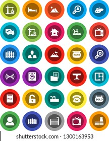 White Solid Icon Set- house vector, pond, pool, mailbox, mountain, fence, plan, estate document, rent signboard, sold, search, client, consumer, unlock, crib, table, washer, relocation truck, tv