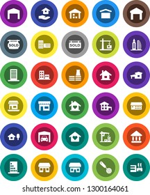 White Solid Icon Set- house hold vector, skimmer, school building, university, office, dry cargo, warehouse, hospital, cottage, chalet, garage, barn, sold signboard, apartments, love home, factory