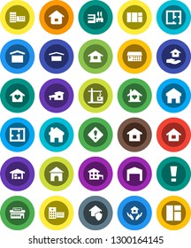 White Solid Icon Set- house hold vector, school building, dry cargo, hospital, home, attention sign, cottage, barn, plan, love, construction crane, protect, mall, window
