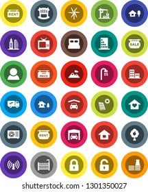 White Solid Icon Set- house vector, chalet, solar panel, windmill, fruit tree, mountain, garage, sale signboard, rent, low price, apartments, office building, consumer, lock, unlock, crib, bath, tv