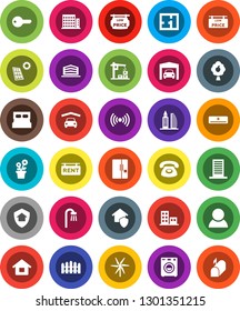 White Solid Icon Set- house vector, solar panel, windmill, fruit tree, garage, fence, plan, rent signboard, low price, apartments, office building, consumer, key, bath, washer, air conditioner