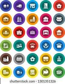 White Solid Icon Set- house hold vector, university, school building, bank, muscule hand, office, dry cargo, warehouse, hospital, cottage, chalet, garage, sold signboard, love home, factory, store