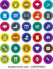 White Solid Icon Set- house hold vector, water tap, skimmer, investment, auction, calculator, receipt, man, dollar calendar, clipboard, t shirt, target, heart monitor, stairways run, barcode, barn