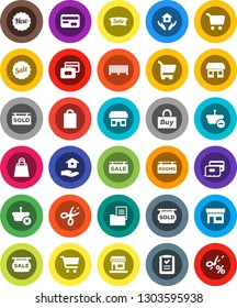 White Solid Icon Set- house hold vector, cart, credit card, office, estate document, sale signboard, rooms, sold, new, shopping bag, store, buy, barcode, basket, list, coupon