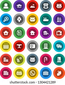 White Solid Icon Set- house vector, cottage, pool, solar panel, fruit tree, mountain, barn, fence, estate document, rent signboard, sold, low price, apartments, office building, client search, crib