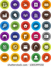White Solid Icon Set- house vector, pond, water supply, mountain, garage, barn, fence, estate document, sale signboard, rooms, sold, office building, search, consumer, key, table, washer, heating