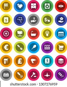 White Solid Icon Set- house hold vector, skimmer, ladle, archive, investment, annual report, receipt, binder, dollar flag, calendar, cursor, euro sign, pound, heart cross, eye, sperm, connect, bath