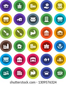 White Solid Icon Set- house hold vector, skimmer, university, school building, bank, muscule hand, office, dry cargo, warehouse, hospital, cottage, chalet, garage, barn, sold signboard, apartments
