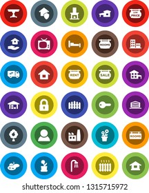 White Solid Icon Set- house hold vector, cottage, pond, fruit tree, barn, fence, sale signboard, rent, rooms, low price, apartments, office building, consumer, key, lock, table, bath, fireplace, tv
