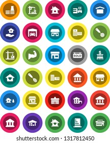 White Solid Icon Set- house hold vector, skimmer, university, school building, bank, muscule hand, office, dry cargo, hospital, cottage, chalet, garage, barn, sold signboard, love home, factory