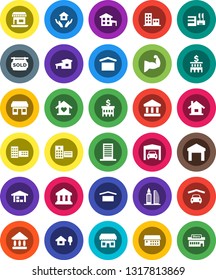 White Solid Icon Set- house hold vector, school building, university, bank, muscule hand, office, dry cargo, warehouse, hospital, cottage, chalet, garage, barn, sold signboard, apartments, love home