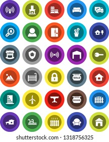 White Solid Icon Set- house vector, cottage, chalet, pool, windmill, mountain, barn, fence, rooms signboard, sold, apartments, client search, consumer, key, lock, crib, table, cushioned furniture