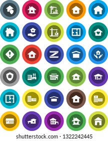 White Solid Icon Set- house hold vector, school building, measuring, dry cargo, hospital, home, attention sign, cottage, barn, plan, love, construction crane, protect, mall