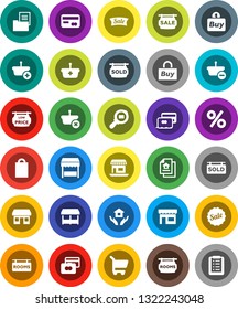 White Solid Icon Set- house hold vector, credit card, office, cargo search, estate document, sale signboard, rooms, sold, low price, shopping bag, percent, market, store, buy, basket, cart, list