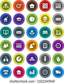 White Solid Icon Set- house hold vector, hand mill, graph, pie, laptop, clock, binder, tie, hierarchy, monitor dollar, boxing glove, phone 24, sea container, music hit, speaking man, group, barn