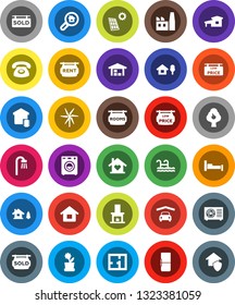 White Solid Icon Set- house vector, cottage, chalet, pool, solar panel, windmill, fruit tree, garage, barn, plan, rent signboard, rooms, sold, low price, search estate, bath, washer, love home