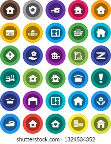 White Solid Icon Set- house hold vector, school building, measuring, dry cargo, hospital, home, attention sign, cottage, barn, plan, love, construction crane, protect, mall