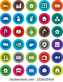 White Solid Icon Set- house vector, chalet, pond, solar panel, water supply, garage, fence, plan, sale signboard, sold, low price, consumer, bath, washer, cushioned furniture, relocation truck, tv