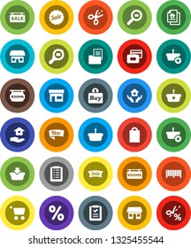 White Solid Icon Set- house hold vector, credit card, office, cargo search, estate document, sale signboard, rooms, new, shopping bag, percent, store, buy, barcode, basket, cart, list, coupon