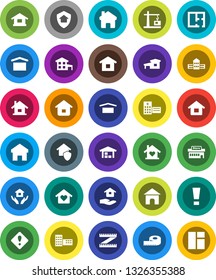 White Solid Icon Set- house hold vector, school building, measuring, dry cargo, hospital, home, attention sign, cottage, barn, plan, love, construction crane, protect, mall, window