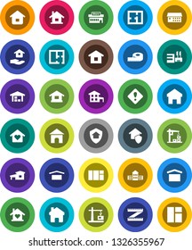 White Solid Icon Set- house hold vector, school building, measuring, dry cargo, hospital, home, attention sign, cottage, barn, plan, love, construction crane, protect, mall, window