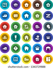 White Solid Icon Set- house hold vector, school building, measuring, dry cargo, hospital, home, attention sign, cottage, barn, plan, love, construction crane, protect, window