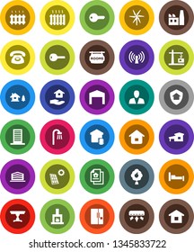 White Solid Icon Set- house hold vector, cottage, chalet, solar panel, windmill, fruit tree, barn, estate document, rooms signboard, office building, consumer, key, table, bath, fireplace, heating