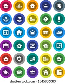White Solid Icon Set- house hold vector, school building, measuring, dry cargo, hospital, home, attention sign, cottage, barn, plan, love, protect, mall, window