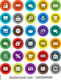 White Solid Icon Set- house hold vector, cart, credit card, office, cargo search, estate document, sale signboard, rooms, sold, low price, new, percent, store, buy, barcode, basket, shopping list