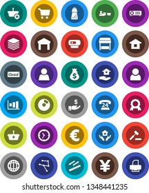 White Solid Icon Set- house hold vector, hand mill, medal, world, graph, pie, cart, money bag, investment, euro sign, yen, stairways run, phone 24, clock, port, warehouse, network, big data, user
