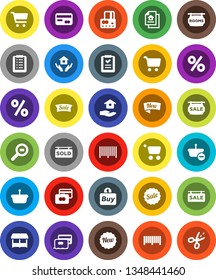 White Solid Icon Set- house hold vector, cart, credit card, cargo search, estate document, sale signboard, rooms, sold, new, percent, market, buy, barcode, basket, shopping list, coupon