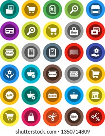 White Solid Icon Set- house hold vector, cart, credit card, office, cargo search, estate document, sale signboard, rooms, sold, new, shopping bag, market, buy, barcode, basket, list, coupon