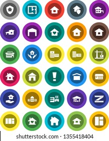 White Solid Icon Set- house hold vector, school building, measuring, dry cargo, hospital, home, attention sign, cottage, barn, plan, love, construction crane, protect, mall, window
