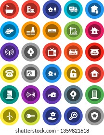 White Solid Icon Set- house hold vector, cottage, chalet, pond, windmill, fruit tree, low price signboard, apartments, search estate, key, unlock, bath, relocation truck, air conditioner, tv, phone
