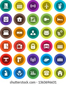 White Solid Icon Set- house hold vector, pond, pool, solar panel, windmill, water supply, garage, fence, sale signboard, consumer, key, lock, table, washer, heating, air conditioner, fridge, tv