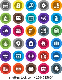 White Solid Icon Set- house vector, cottage, solar panel, water supply, fruit tree, garage, barn, fence, plan, estate document, rooms signboard, low price, apartments, client search, lock, crib, tv