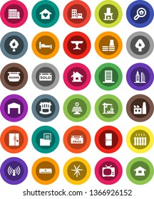 White Solid Icon Set- house vector, solar panel, windmill, fruit tree, barn, estate document, rooms signboard, sold, low price, apartments, office building, search, crib, table, love home, fireplace