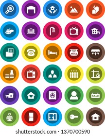 White Solid Icon Set- house hold vector, cottage, pond, solar panel, mountain, barn, plan, estate document, sale signboard, low price, office building, search, consumer, key, bath, washer, love home