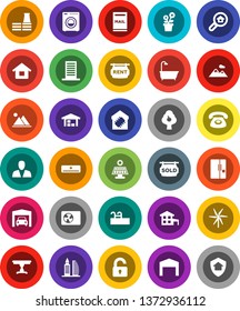White Solid Icon Set- house vector, cottage, pool, mailbox, solar panel, windmill, fruit tree, mountain, garage, barn, rent signboard, sold, office building, search estate, consumer, unlock, table