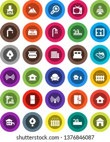 White Solid Icon Set- house vector, cottage, chalet, pond, pool, solar panel, water supply, fruit tree, mountain, plan, rooms signboard, low price, apartments, search estate, bath, fireplace, fridge
