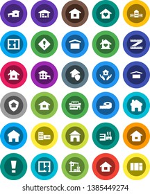 White Solid Icon Set- house hold vector, school building, measuring, dry cargo, home, attention sign, cottage, barn, plan, love, construction crane, protect, mall, window