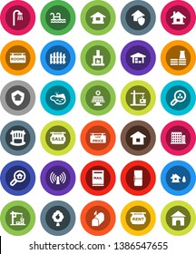 White Solid Icon Set- house vector, chalet, pond, pool, mailbox, solar panel, fruit tree, barn, fence, sale signboard, rent, rooms, low price, apartments, search estate, client, crib, bath, fridge