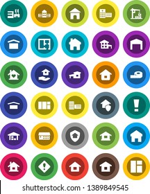 White Solid Icon Set- house hold vector, school building, measuring, dry cargo, hospital, home, attention sign, cottage, barn, plan, love, construction crane, protect, mall, window