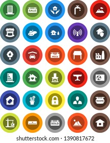 White Solid Icon Set- house hold vector, chalet, pond, water supply, fruit tree, mountain, garage, sale signboard, rooms, sold, low price, consumer, lock, crib, table, love home, fireplace, wireless