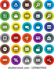White Solid Icon Set- house hold vector, cart, office, cargo search, estate document, sale signboard, rooms, sold, credit card, new, shopping bag, percent, market, store, buy, barcode, basket, list