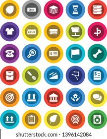 White Solid Icon Set- house hold vector, skimmer, archive, flag, leaf, bank, annual report, receipt, target, sand clock, clipboard, t shirt, stairways run, bone, route, phone, top sign, dialog, open