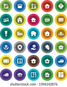 White Solid Icon Set- house hold vector, school building, measuring, dry cargo, hospital, home, attention sign, cottage, barn, plan, love, construction crane, protect, mall, window
